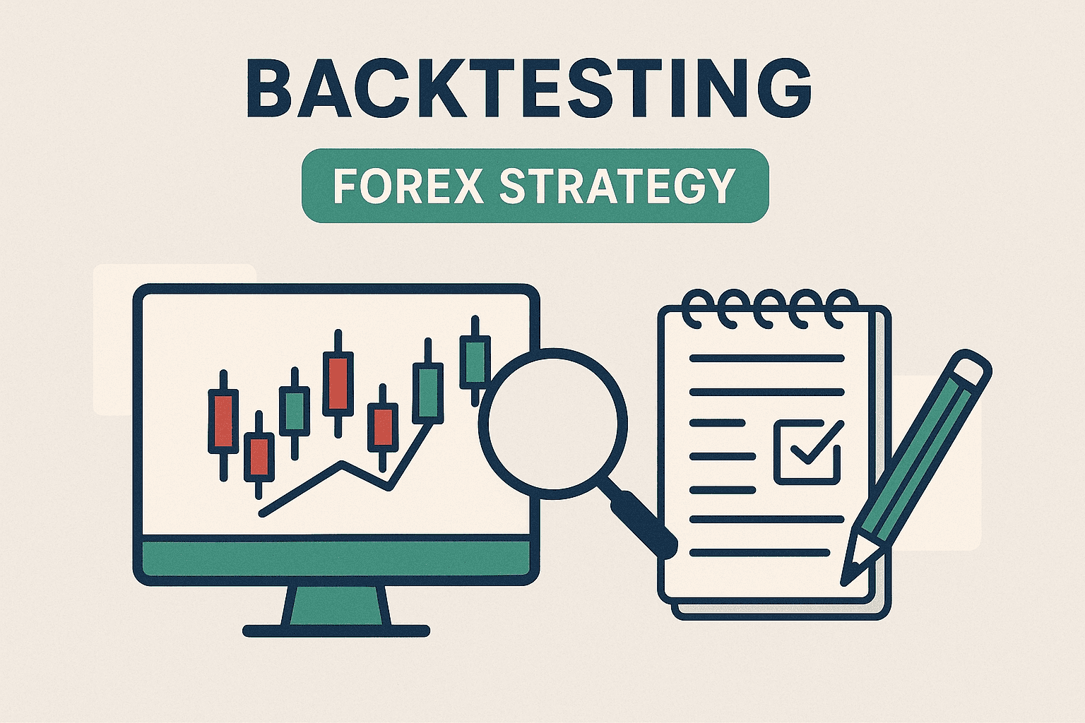 Backtesting a forex trading strategy with candlestick chart, magnifying glass and checklist icon