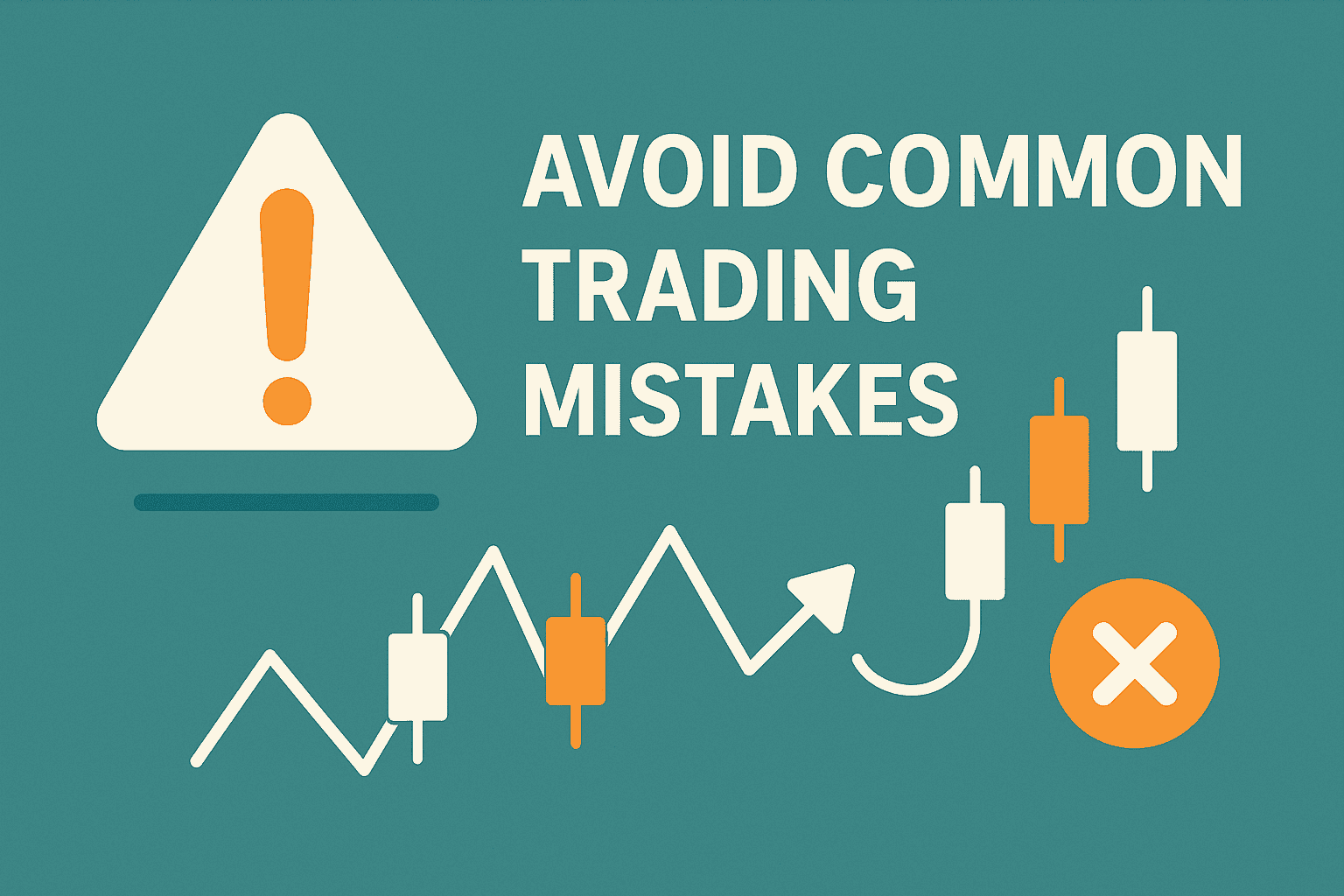 Flat vector showing common trading mistakes with warning icon, candlestick chart and failed trades