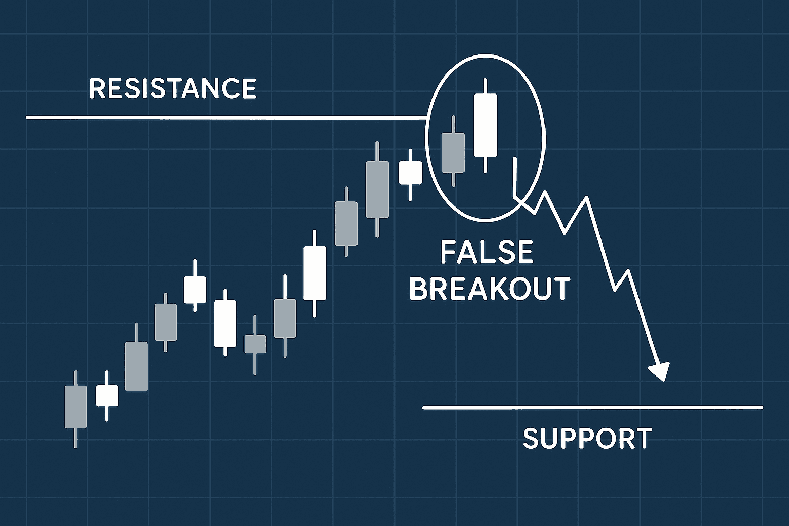 Forex candlestick chart showing false breakout above resistance before dropping to support