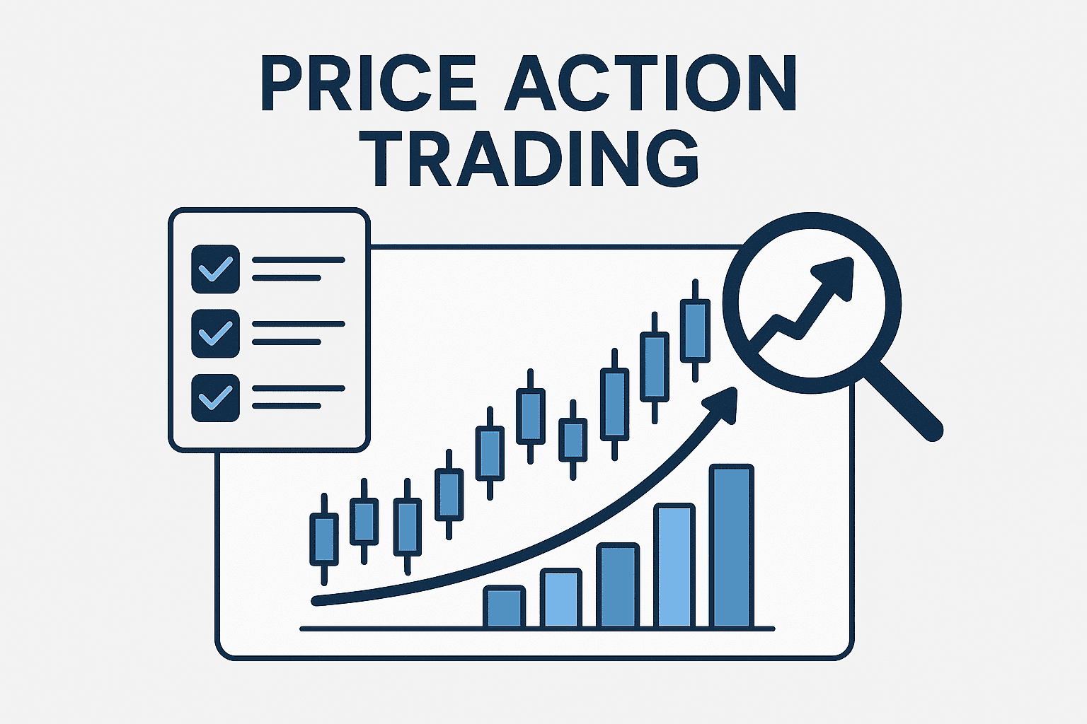 Forex candlestick chart and checklist illustrating price action trading with magnifying glass