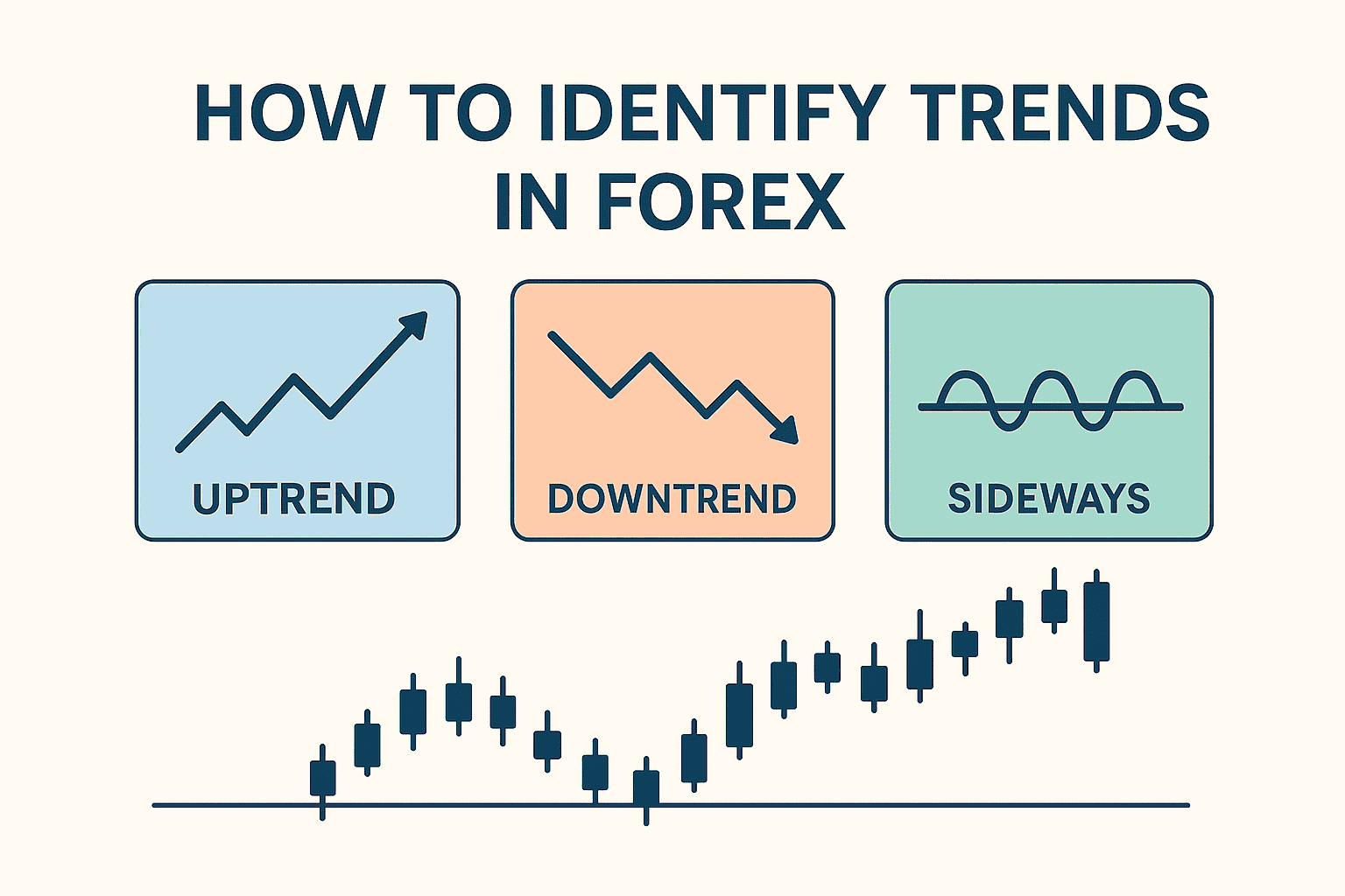 Uptrend, downtrend, and sideways trend icons with candlestick chart in forex trading